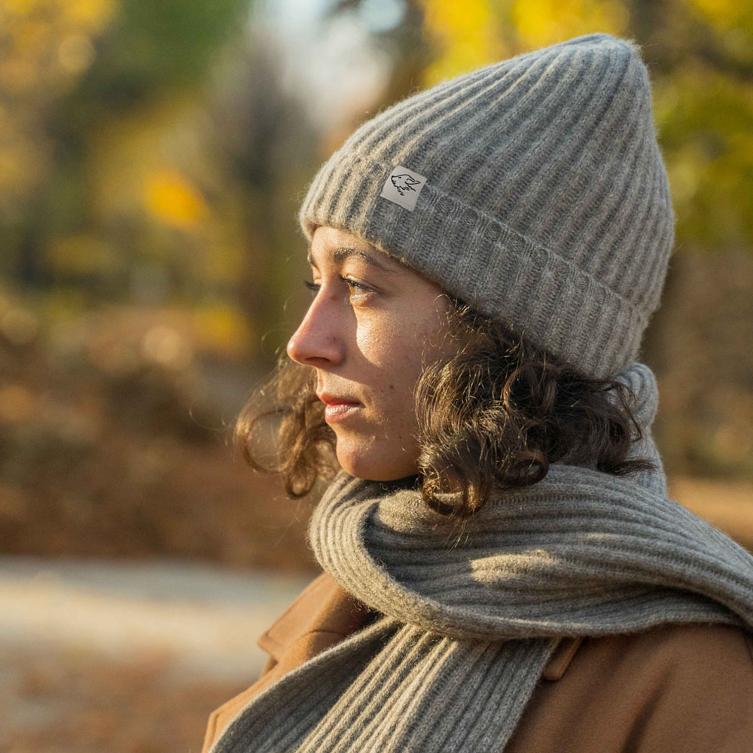 Woman with grey woolly hat and yak hair scarf