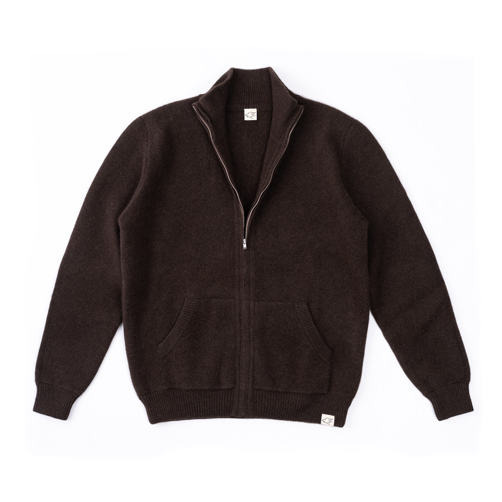 Knitted zipper jacket made of yak wool, dark brown