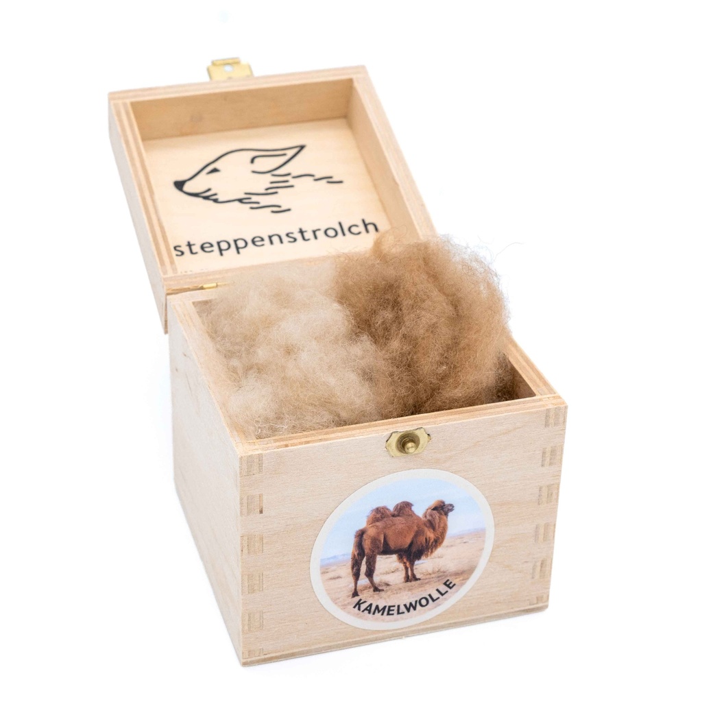 Kuschelbox mit Rohwolle zum Fühlen (Kamelwolle)