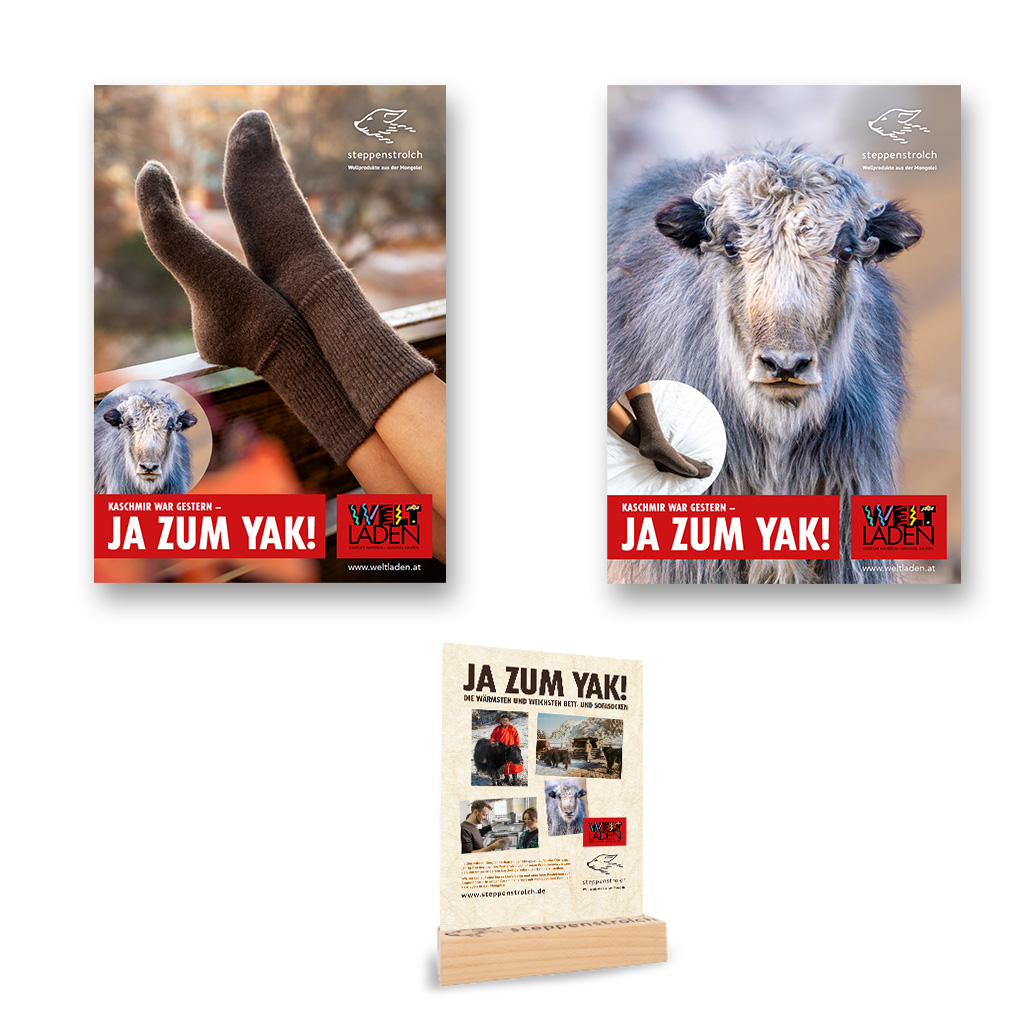 Poster und Aufsteller für Yak-Verkaufsschwerpunkt (ARGE Weltläden)